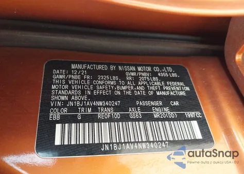 2022 Nissan Rogue Sport S Fwd Xtronic Cvt из США, поврежденный, VIN JN1BJ1AV4NW340247